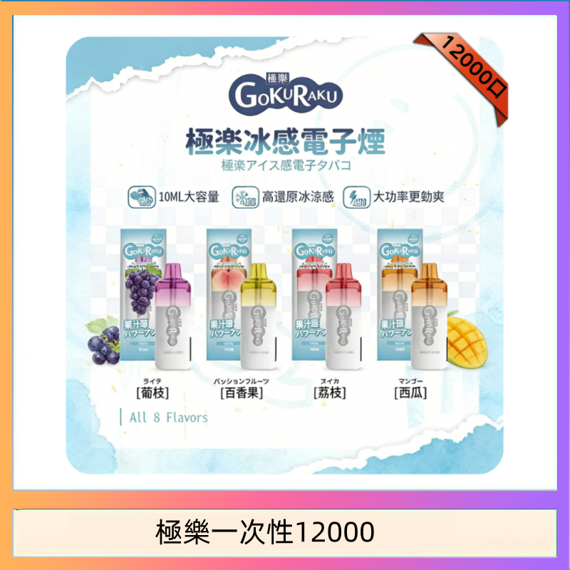 【8種口味】極楽 12000口一次性電子煙|超大容量 |口感絲滑|新品